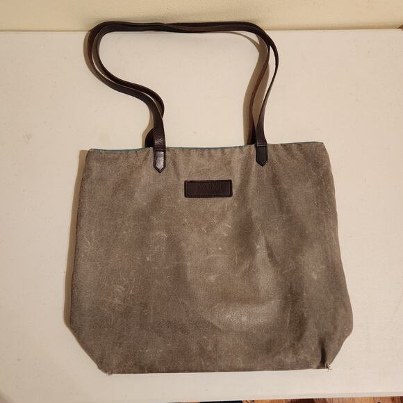 Atomic Freedom Distressed Leather & Canvas Grey Tote Bag Green Lining Grunge - Picture 11 of 11
